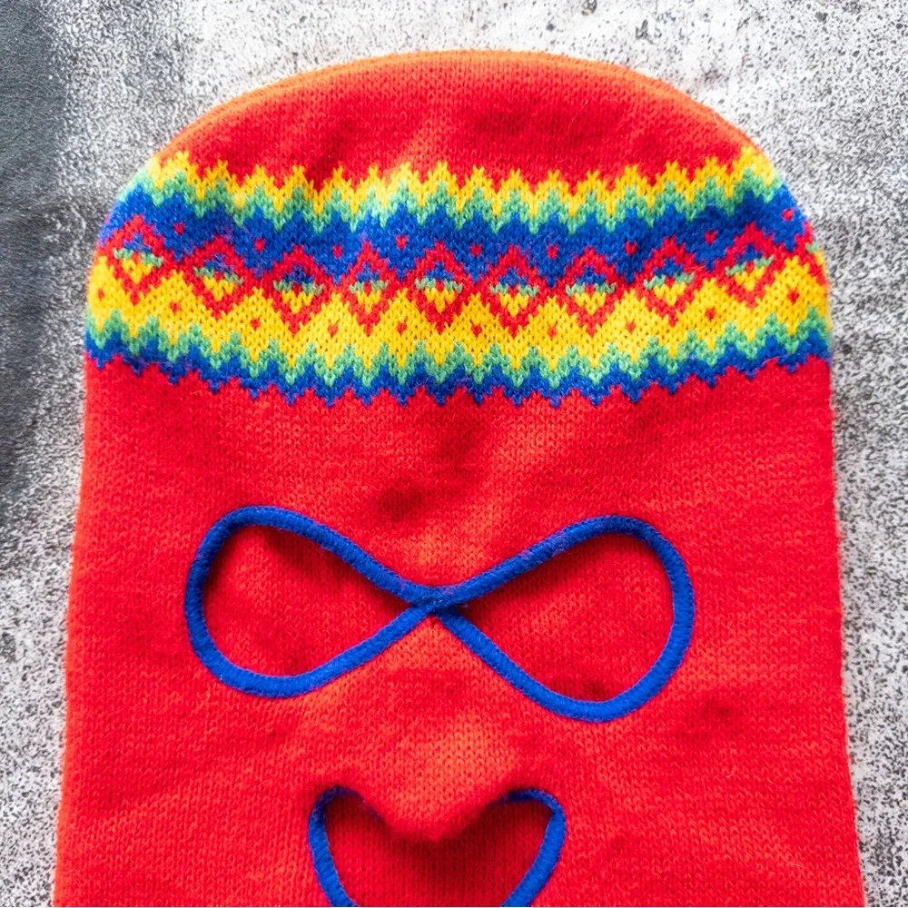 Vintage 70s 80s Knit Balaclava Ski‎ Mask Red Rainbow Fair Isle Pattern
